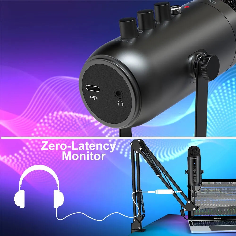 Professional USB Streaming PC Microphone Studio Cardioid Condenser Mic Kit with Boom Arm For Recording